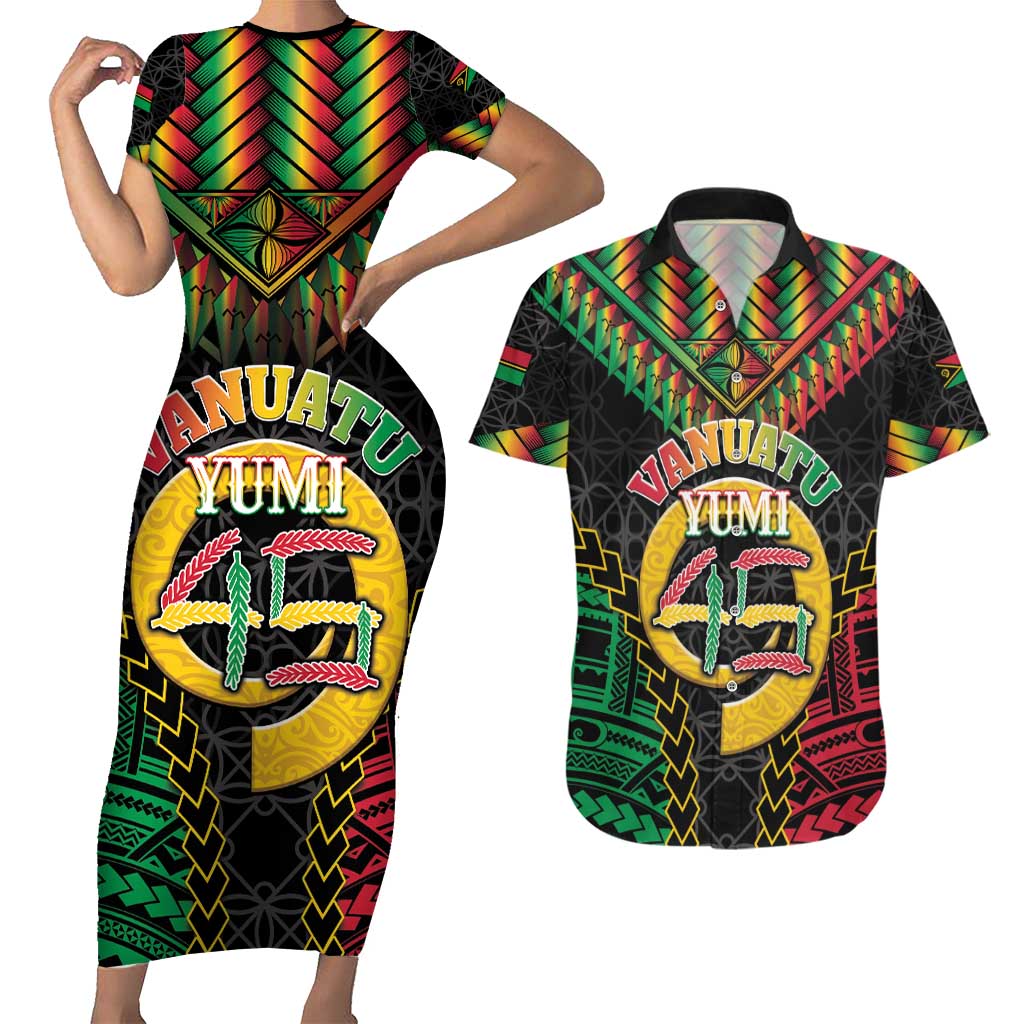 Vanuatu 45th Anniversary Independence Day Couples Matching Short Sleeve Bodycon Dress and Hawaiian Shirt Melanesian Warrior With Sand Drawing Pattern LT05