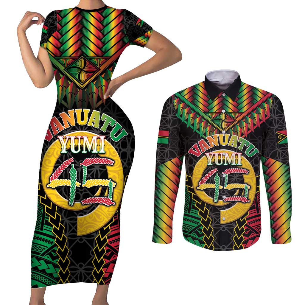 Vanuatu 45th Anniversary Independence Day Couples Matching Short Sleeve Bodycon Dress and Long Sleeve Button Shirt Melanesian Warrior With Sand Drawing Pattern LT05