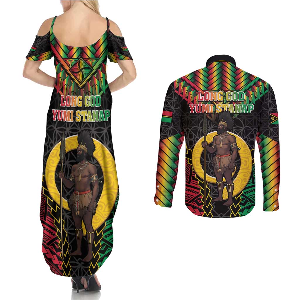 Vanuatu 45th Anniversary Independence Day Couples Matching Summer Maxi Dress and Long Sleeve Button Shirt Melanesian Warrior With Sand Drawing Pattern LT05