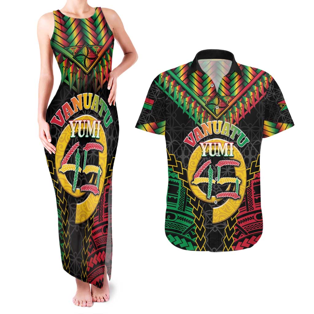 Vanuatu 45th Anniversary Independence Day Couples Matching Tank Maxi Dress and Hawaiian Shirt Melanesian Warrior With Sand Drawing Pattern LT05