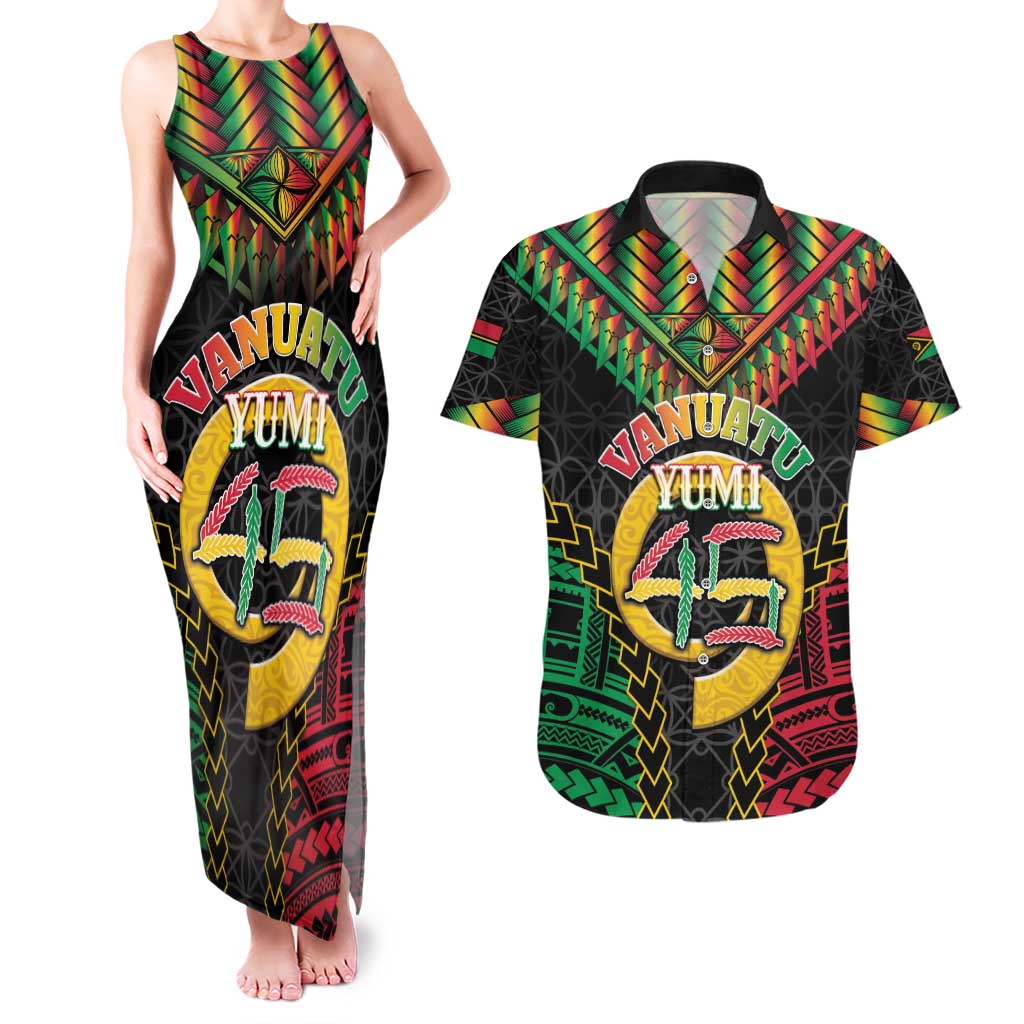 Vanuatu 44th Anniversary Independence Day Couples Matching Tank Maxi Dress and Hawaiian Shirt Melanesian Warrior With Sand Drawing Pattern