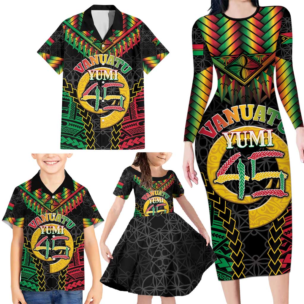 Vanuatu 44th Anniversary Independence Day Family Matching Long Sleeve Bodycon Dress and Hawaiian Shirt Melanesian Warrior With Sand Drawing Pattern