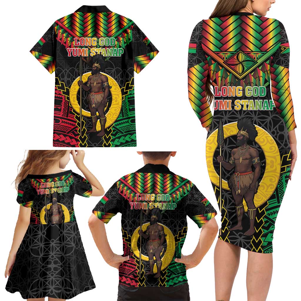Vanuatu 45th Anniversary Independence Day Family Matching Long Sleeve Bodycon Dress and Hawaiian Shirt Melanesian Warrior With Sand Drawing Pattern LT05