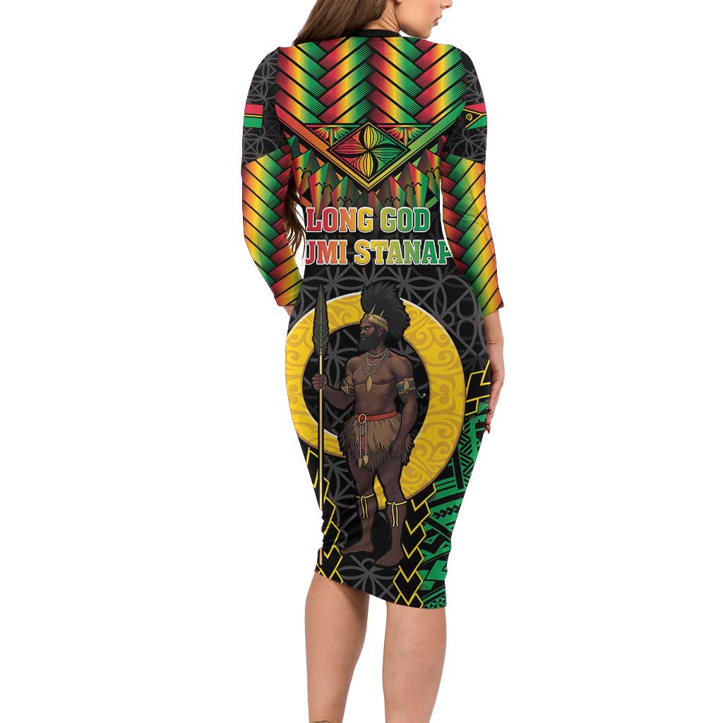 Vanuatu 45th Anniversary Independence Day Family Matching Long Sleeve Bodycon Dress and Hawaiian Shirt Melanesian Warrior With Sand Drawing Pattern LT05