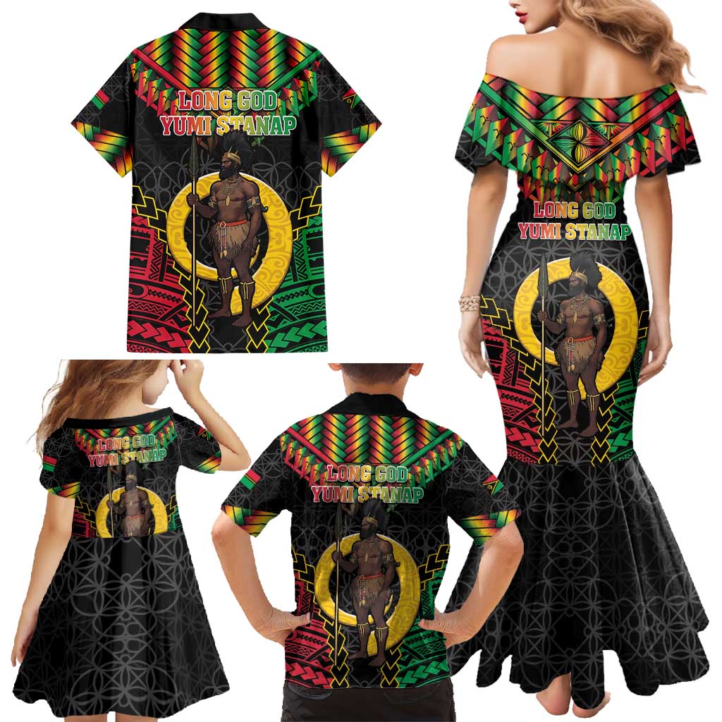 Vanuatu 45th Anniversary Independence Day Family Matching Mermaid Dress and Hawaiian Shirt Melanesian Warrior With Sand Drawing Pattern LT05