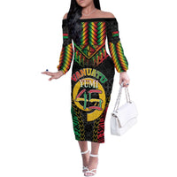 Vanuatu 45th Anniversary Independence Day Family Matching Off The Shoulder Long Sleeve Dress and Hawaiian Shirt Melanesian Warrior With Sand Drawing Pattern LT05