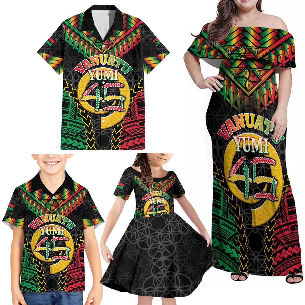 Vanuatu 45th Anniversary Independence Day Family Matching Off Shoulder Maxi Dress and Hawaiian Shirt Melanesian Warrior With Sand Drawing Pattern LT05