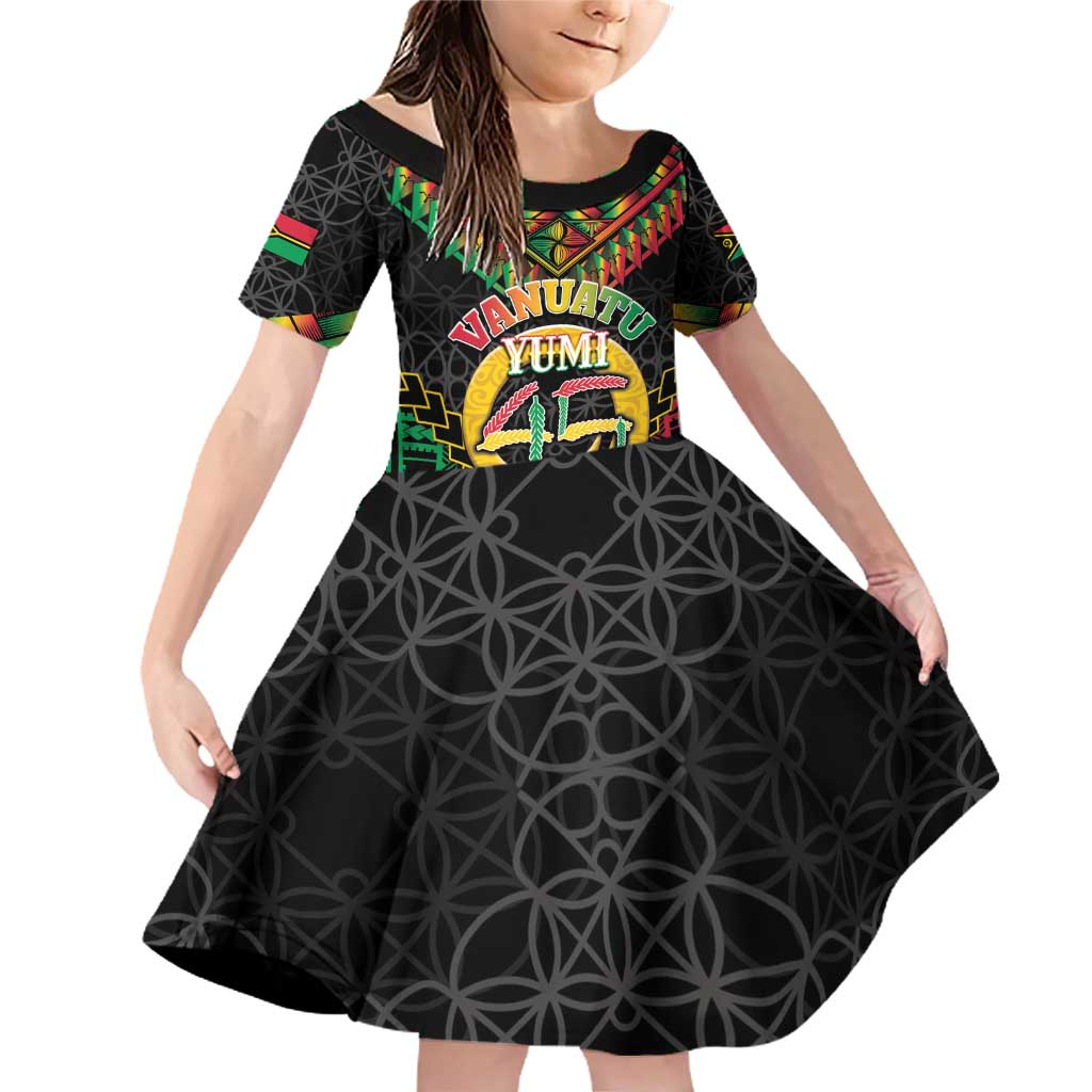 Vanuatu 45th Anniversary Independence Day Family Matching Off Shoulder Short Dress and Hawaiian Shirt Melanesian Warrior With Sand Drawing Pattern LT05