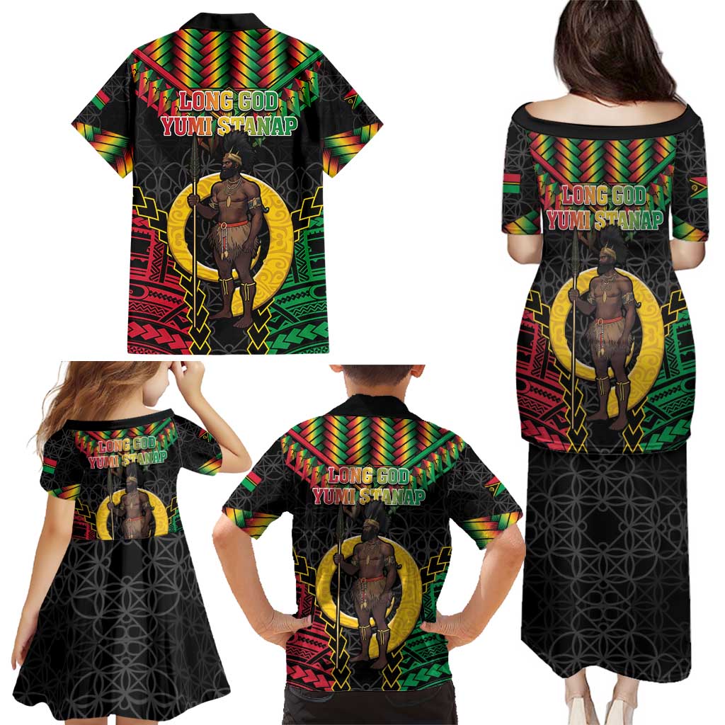 Vanuatu 45th Anniversary Independence Day Family Matching Puletasi and Hawaiian Shirt Melanesian Warrior With Sand Drawing Pattern LT05
