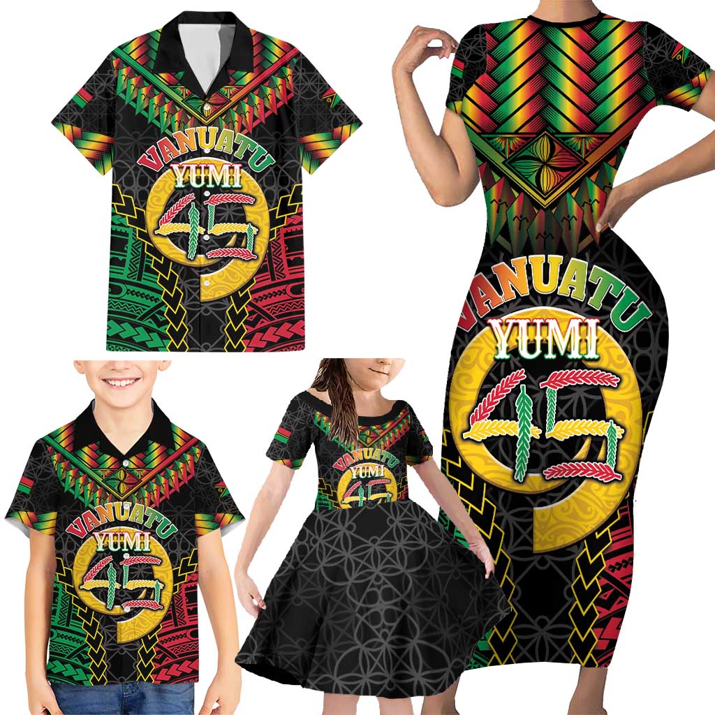 Vanuatu 44th Anniversary Independence Day Family Matching Short Sleeve Bodycon Dress and Hawaiian Shirt Melanesian Warrior With Sand Drawing Pattern