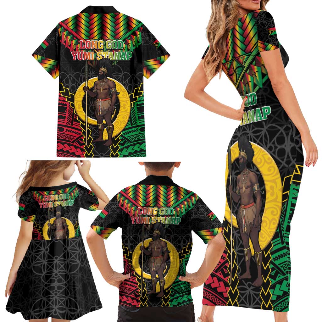 Vanuatu 45th Anniversary Independence Day Family Matching Short Sleeve Bodycon Dress and Hawaiian Shirt Melanesian Warrior With Sand Drawing Pattern LT05