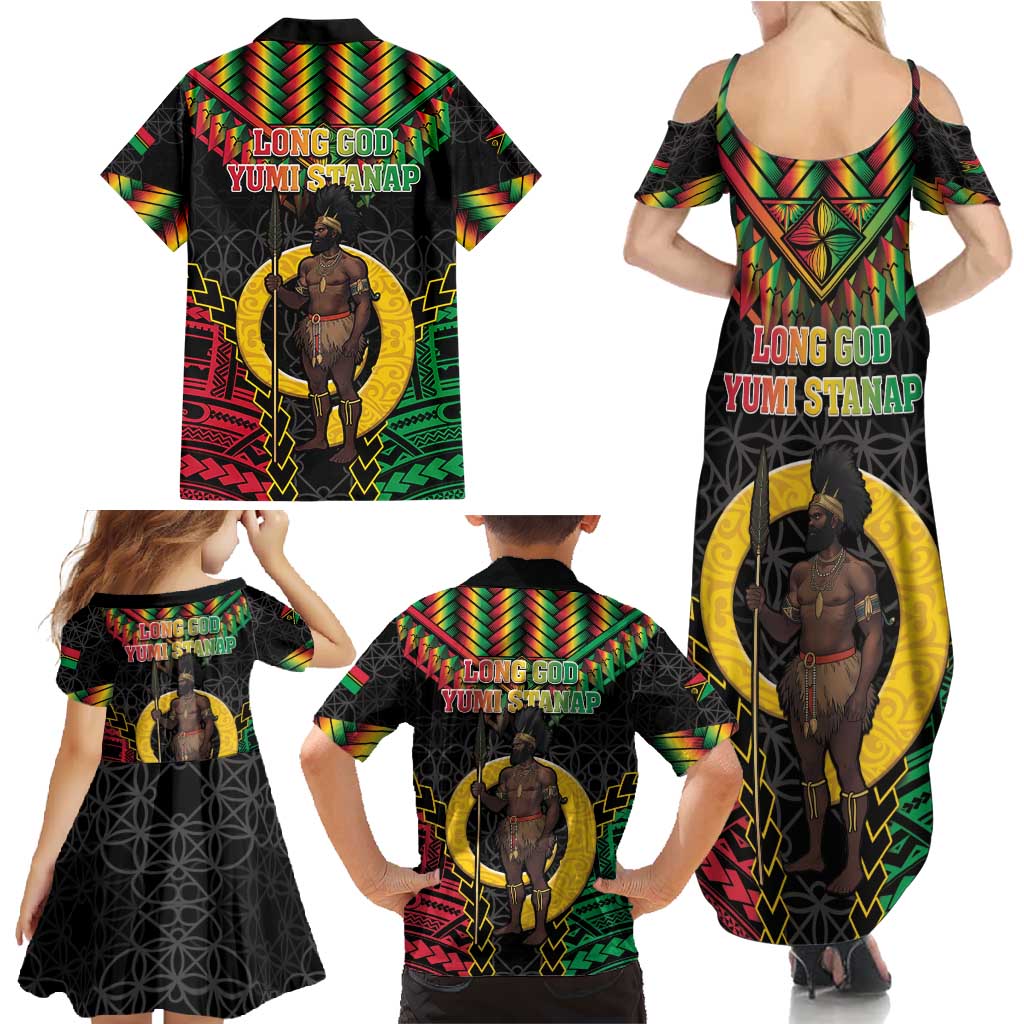 Vanuatu 45th Anniversary Independence Day Family Matching Summer Maxi Dress and Hawaiian Shirt Melanesian Warrior With Sand Drawing Pattern LT05