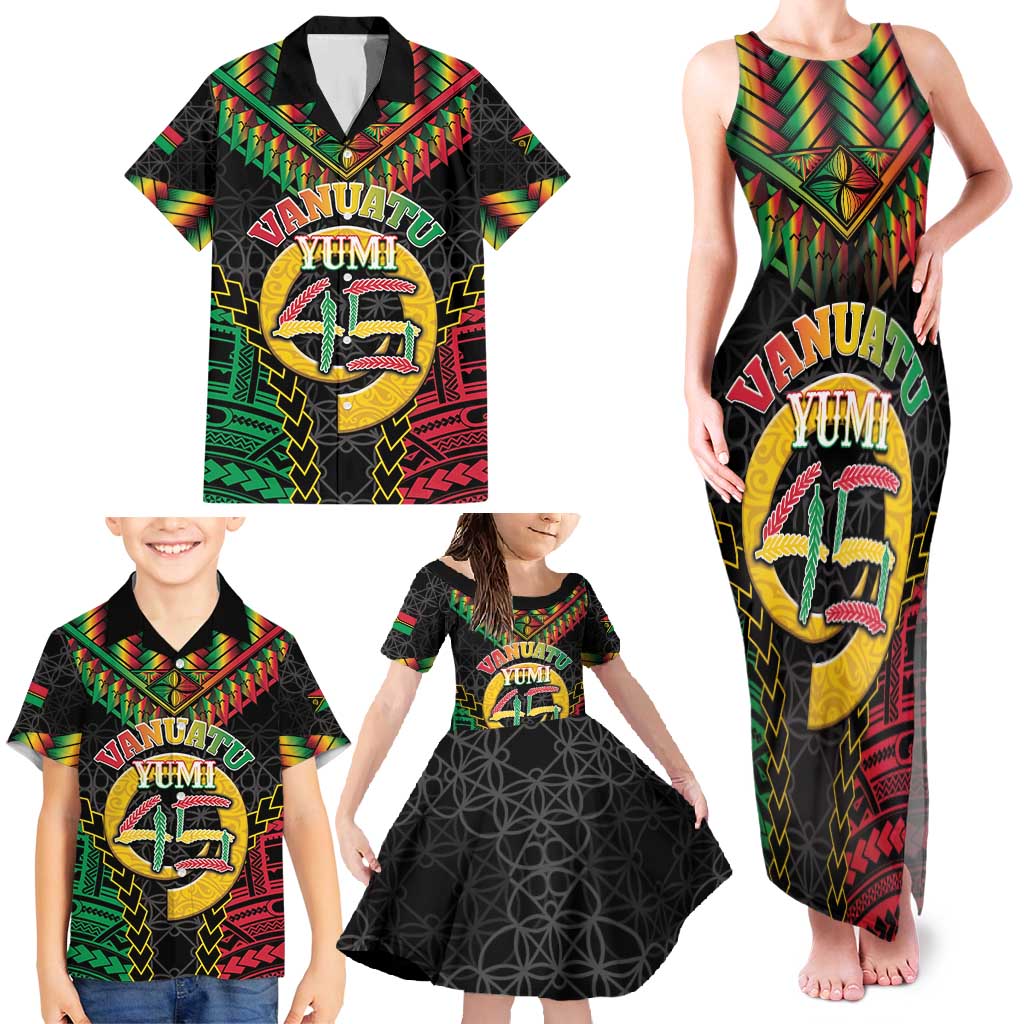 Vanuatu 44th Anniversary Independence Day Family Matching Tank Maxi Dress and Hawaiian Shirt Melanesian Warrior With Sand Drawing Pattern