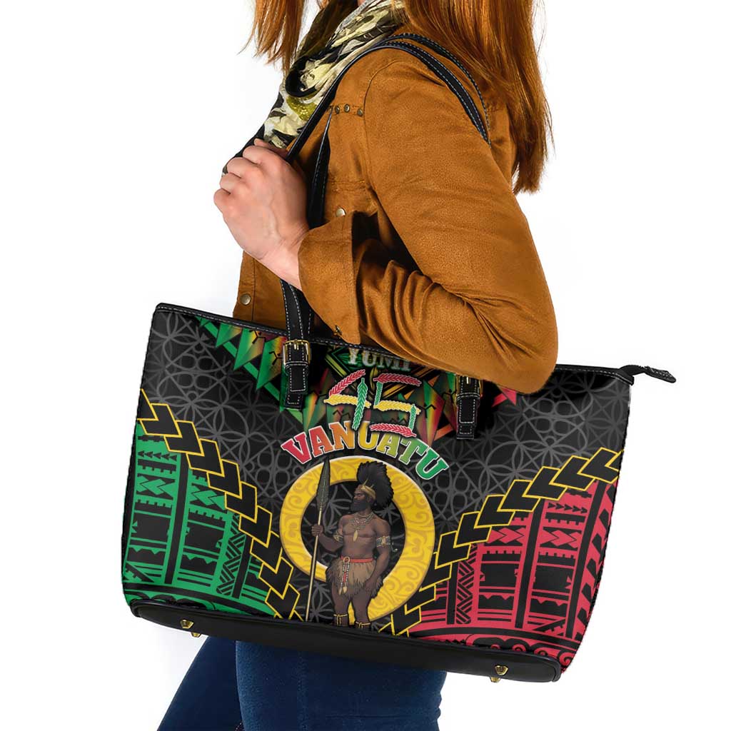 Vanuatu 45th Anniversary Independence Day Leather Tote Bag Melanesian Warrior With Sand Drawing Pattern LT05