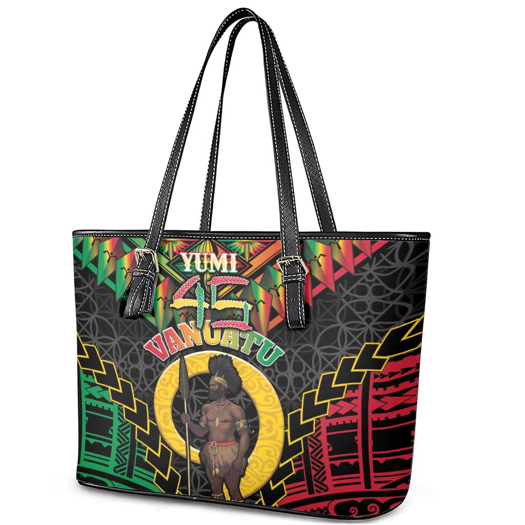 Vanuatu 45th Anniversary Independence Day Leather Tote Bag Melanesian Warrior With Sand Drawing Pattern LT05