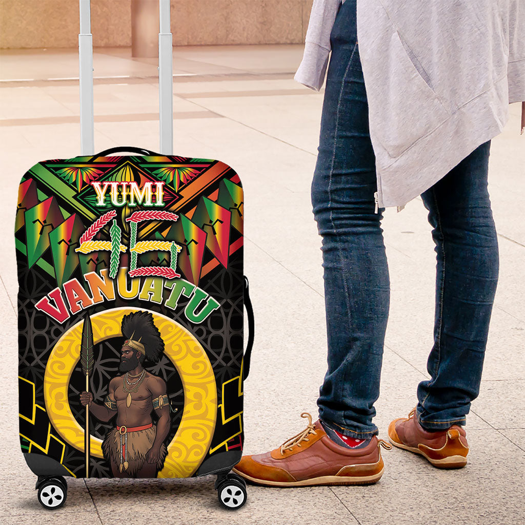 Vanuatu 46th Anniversary Independence Day Luggage Cover Melanesian Warrior With Sand Drawing Pattern LT05 Black - Polynesian Pride