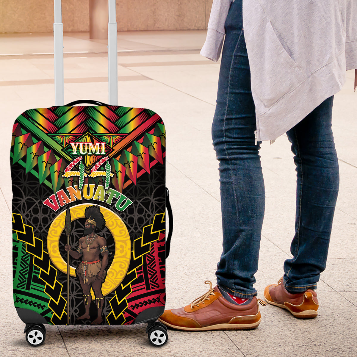 Vanuatu 44th Anniversary Independence Day Luggage Cover Melanesian Warrior With Sand Drawing Pattern