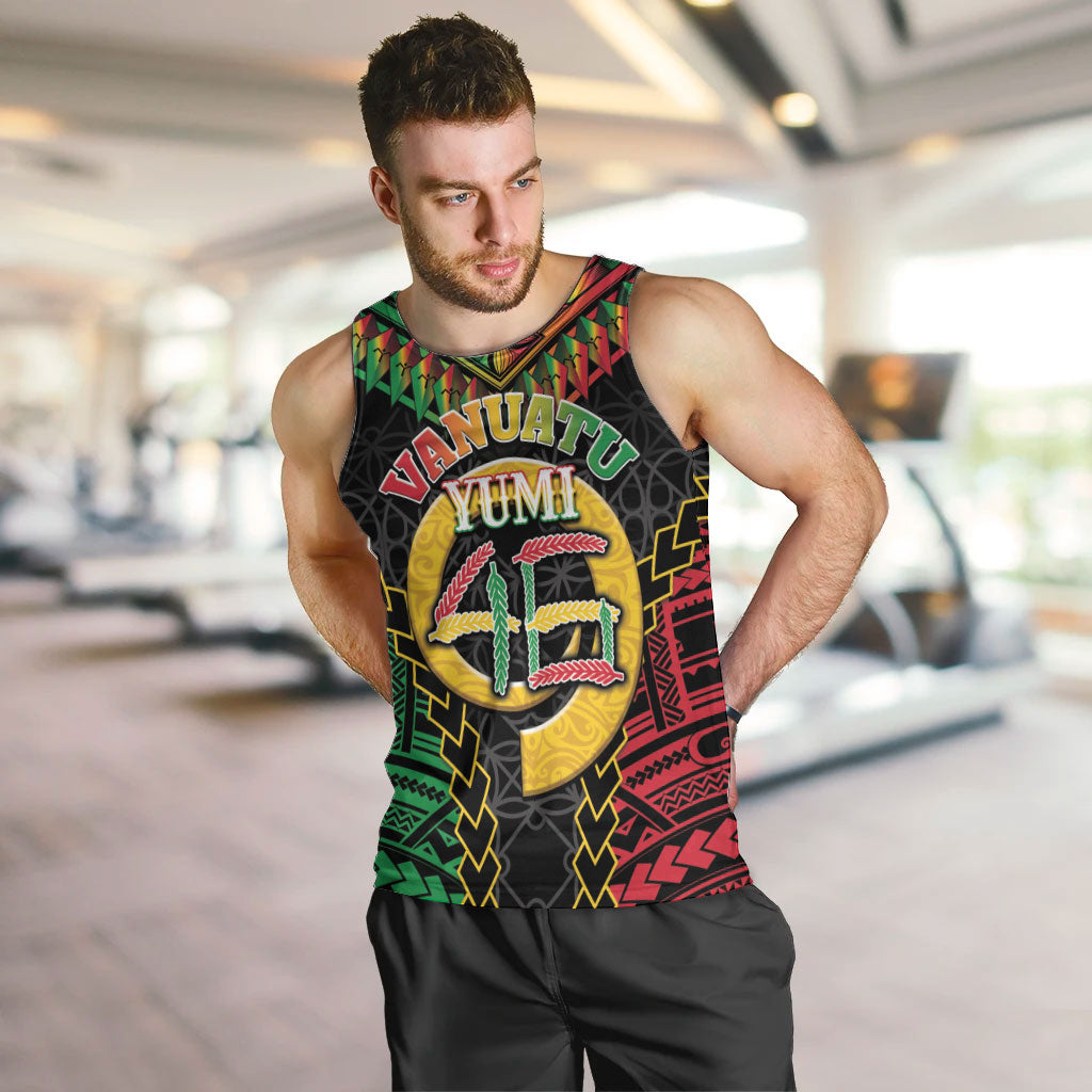 Vanuatu 46th Anniversary Independence Day Men Tank Top Melanesian Warrior With Sand Drawing Pattern LT05 Black - Polynesian Pride