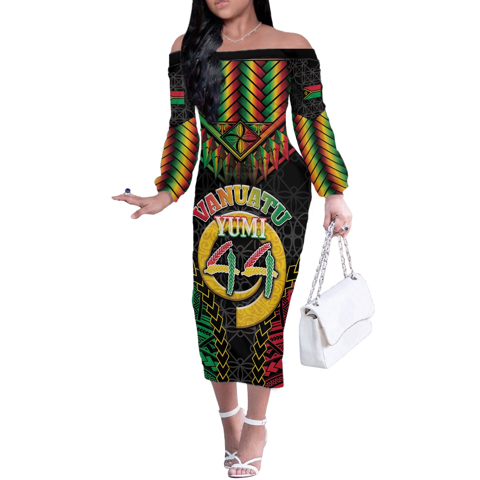 Vanuatu 44th Anniversary Independence Day Off The Shoulder Long Sleeve Dress Melanesian Warrior With Sand Drawing Pattern