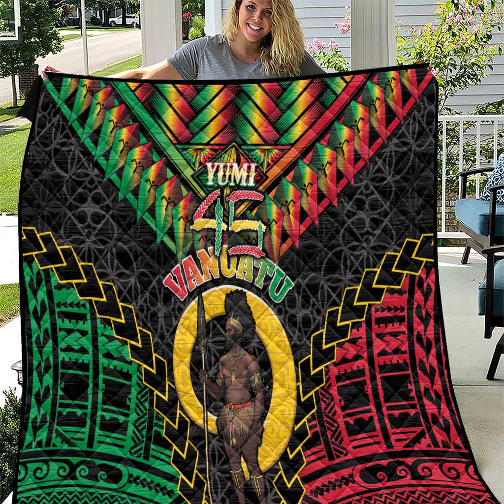 Vanuatu 45th Anniversary Independence Day Quilt Melanesian Warrior With Sand Drawing Pattern LT05 Black - Polynesian Pride