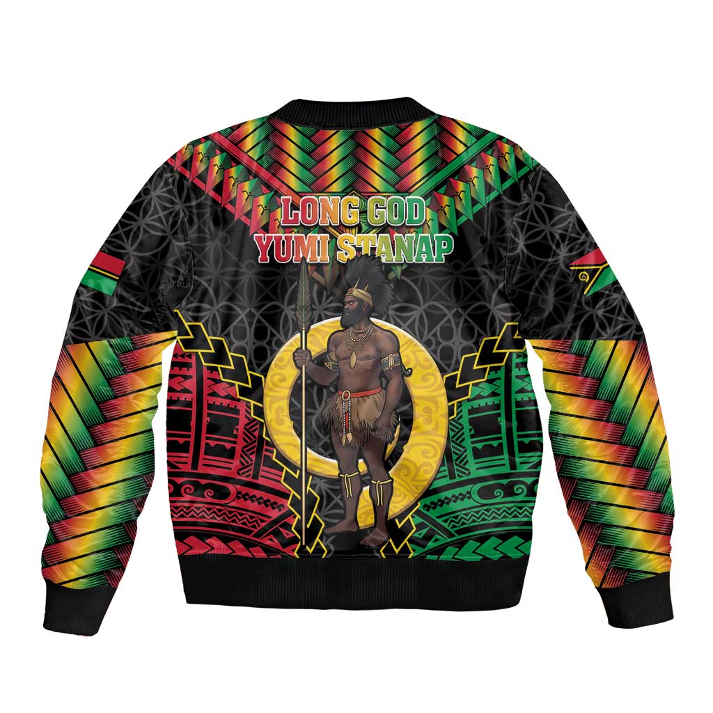 Vanuatu 45th Anniversary Independence Day Sleeve Zip Bomber Jacket Melanesian Warrior With Sand Drawing Pattern LT05