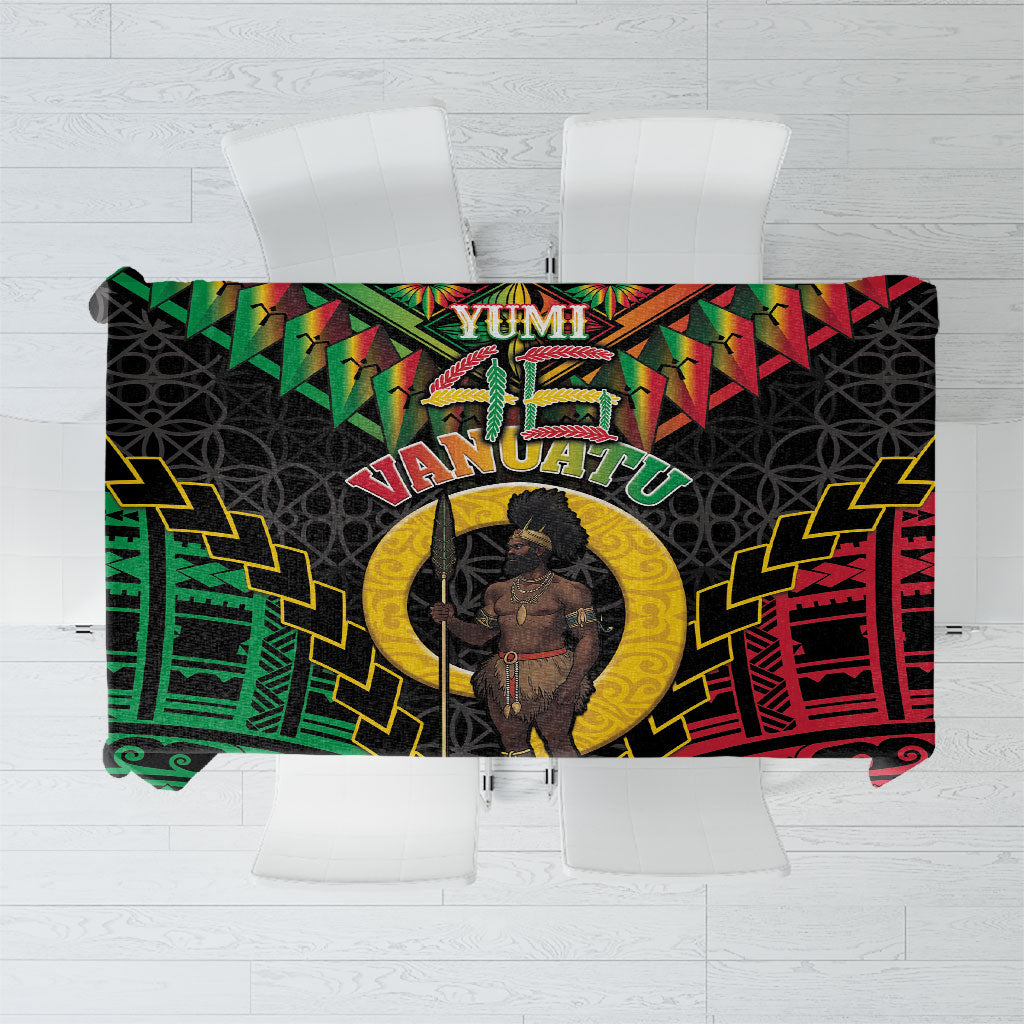 Vanuatu 46th Anniversary Independence Day Tablecloth Melanesian Warrior With Sand Drawing Pattern LT05 Black - Polynesian Pride