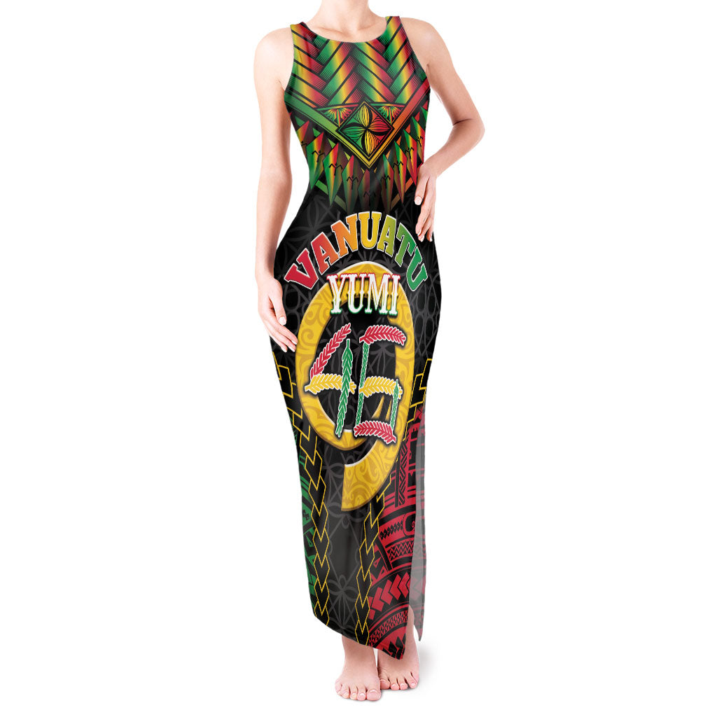 Vanuatu 46th Anniversary Independence Day Tank Maxi Dress Melanesian Warrior With Sand Drawing Pattern LT05 Women Black - Polynesian Pride