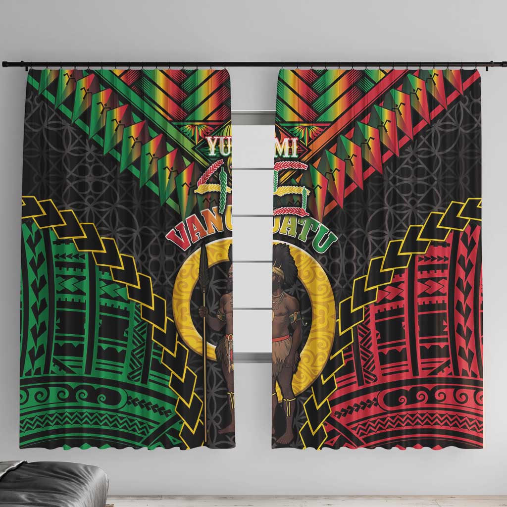 Vanuatu 45th Anniversary Independence Day Window Curtain Melanesian Warrior With Sand Drawing Pattern LT05 With Hooks Black - Polynesian Pride