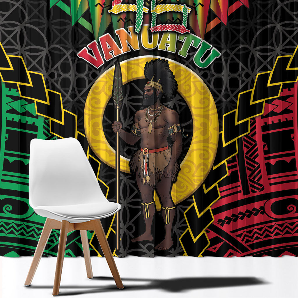 Vanuatu 46th Anniversary Independence Day Window Curtain Melanesian Warrior With Sand Drawing Pattern LT05 - Polynesian Pride