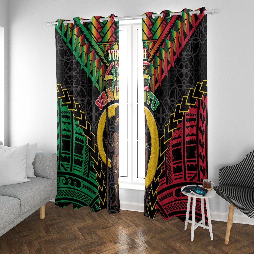 Vanuatu 46th Anniversary Independence Day Window Curtain Melanesian Warrior With Sand Drawing Pattern LT05 With Grommets Black - Polynesian Pride