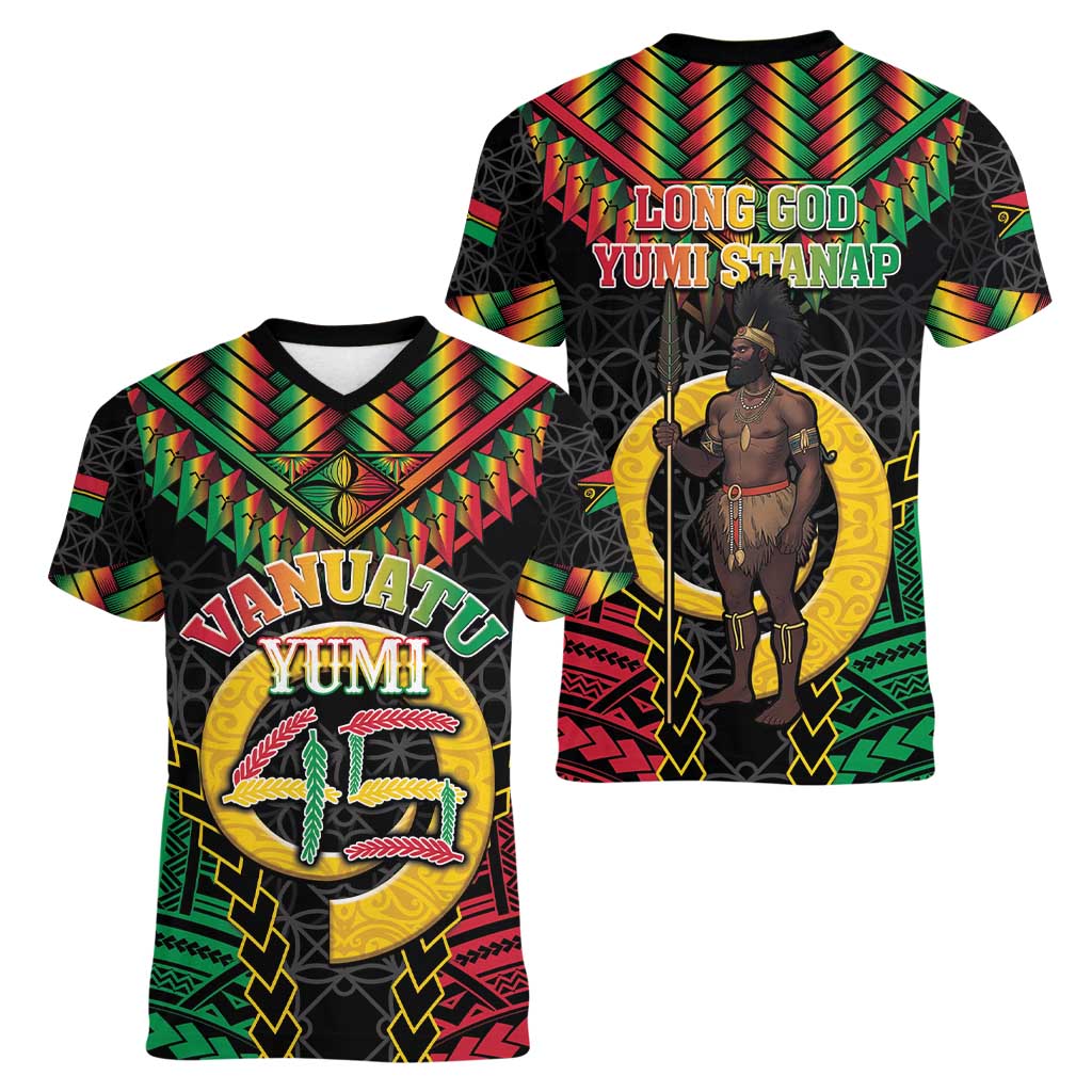 Vanuatu 45th Anniversary Independence Day Women V-Neck T-Shirt Melanesian Warrior With Sand Drawing Pattern LT05