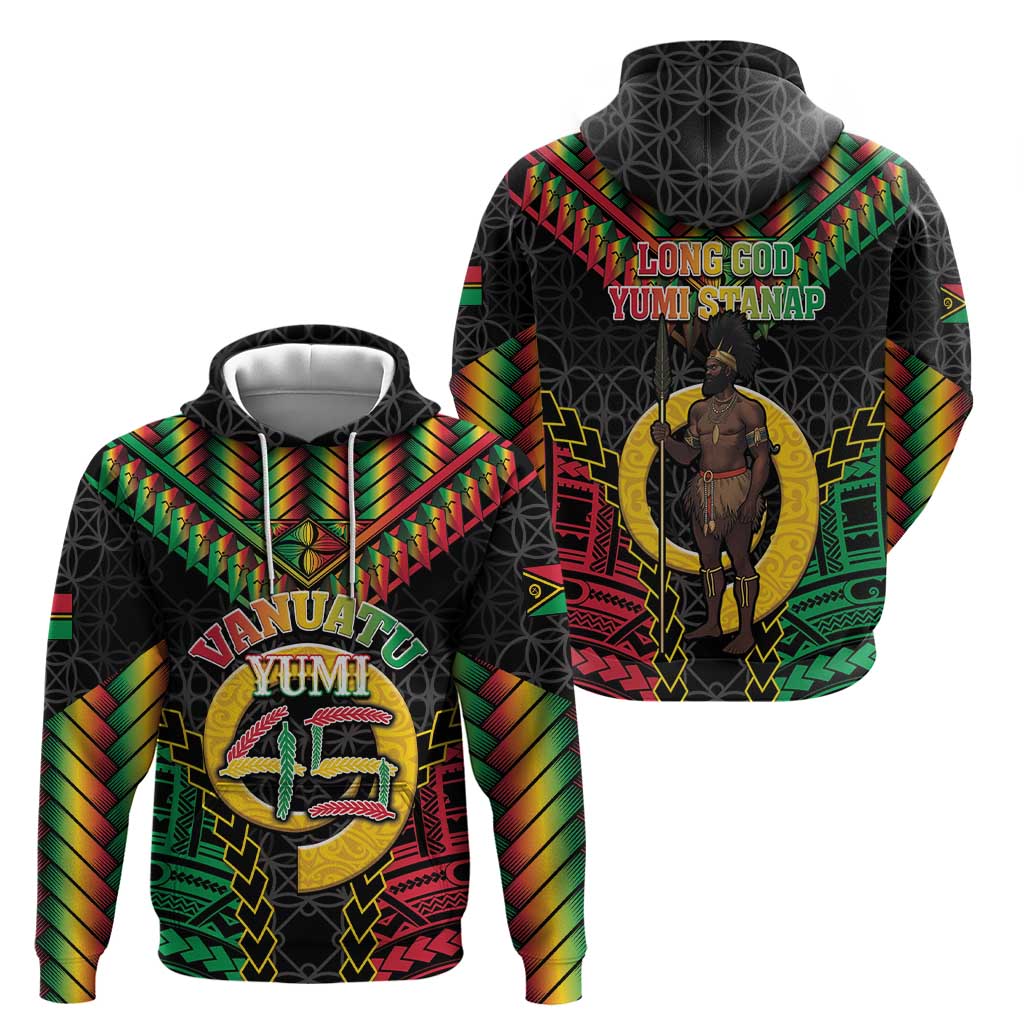 Vanuatu 45th Anniversary Independence Day Zip Hoodie Melanesian Warrior With Sand Drawing Pattern LT05