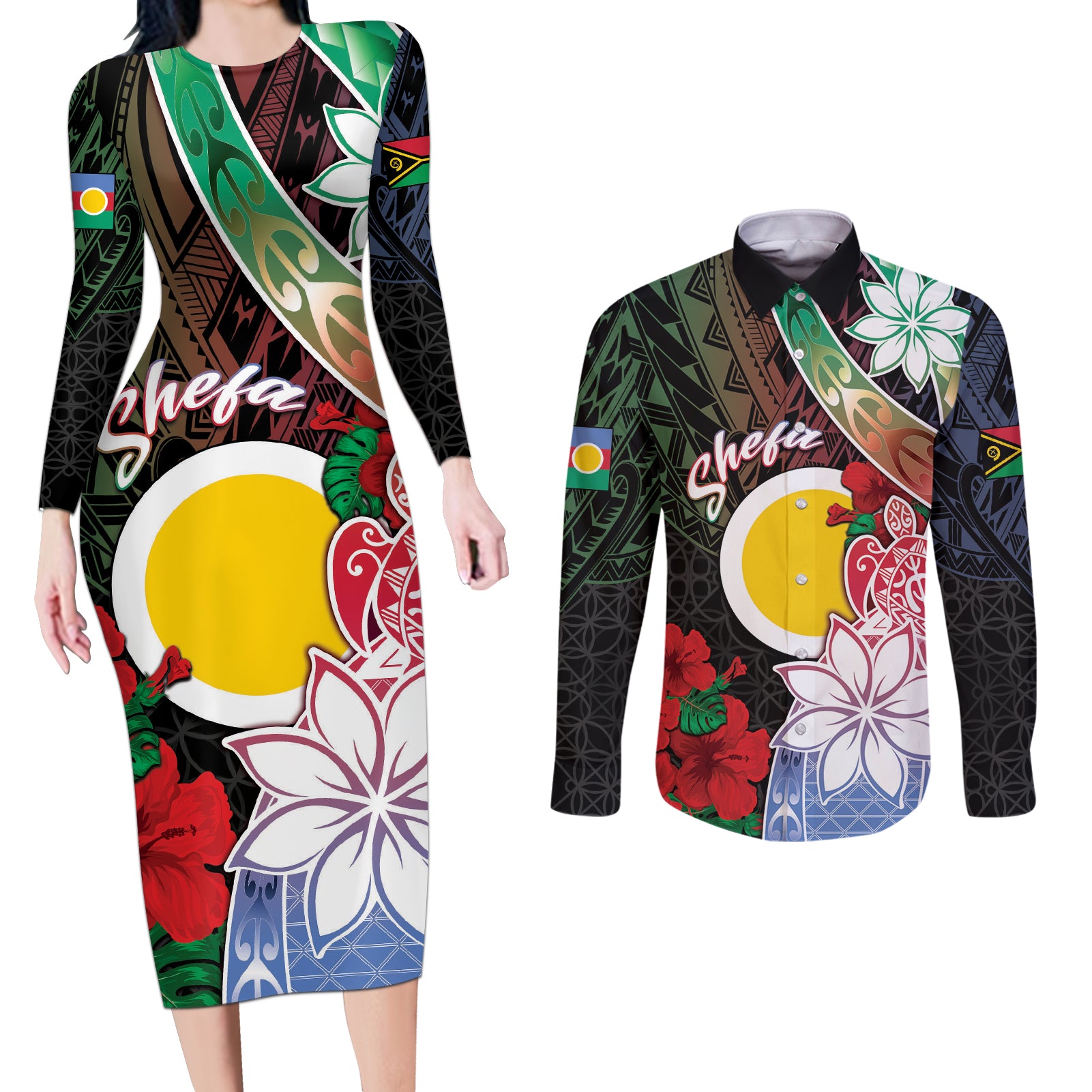 Personalised Vanuatu Shefa Day Couples Matching Long Sleeve Bodycon Dress and Long Sleeve Button Shirt Floral Pattern