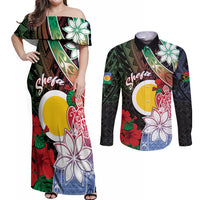 Personalised Vanuatu Shefa Day Couples Matching Off Shoulder Maxi Dress and Long Sleeve Button Shirt Floral Pattern