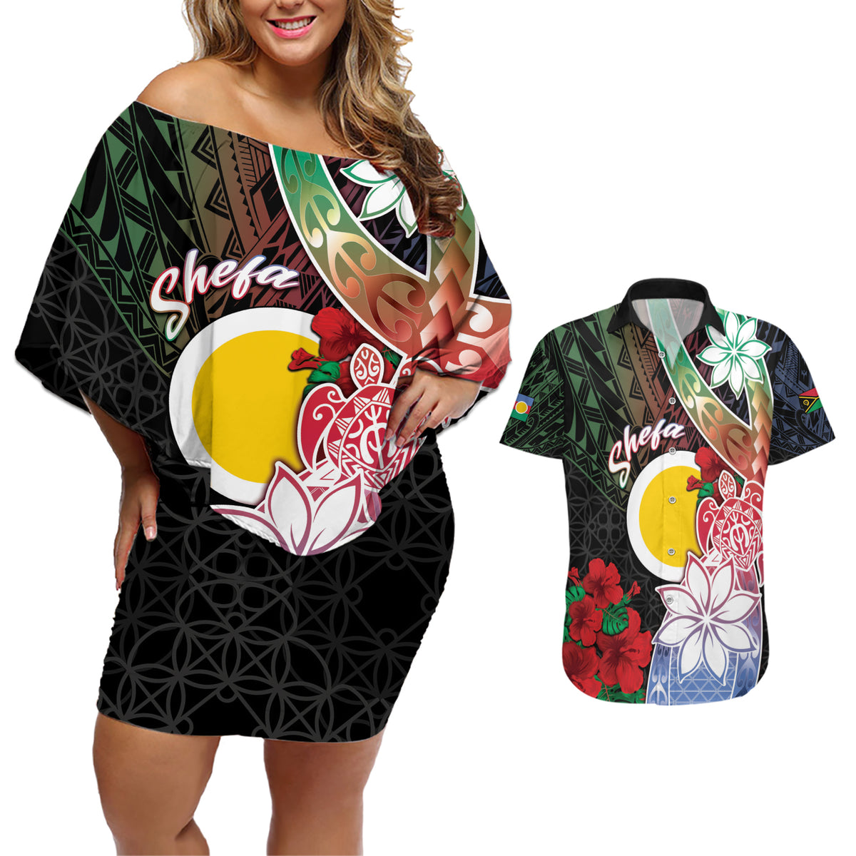 Personalised Vanuatu Shefa Day Couples Matching Off Shoulder Short Dress and Hawaiian Shirt Floral Pattern