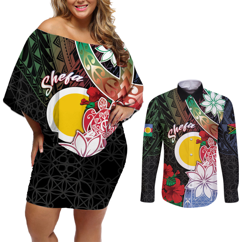 Personalised Vanuatu Shefa Day Couples Matching Off Shoulder Short Dress and Long Sleeve Button Shirt Floral Pattern