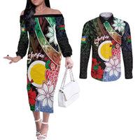 Personalised Vanuatu Shefa Day Couples Matching Off The Shoulder Long Sleeve Dress and Long Sleeve Button Shirt Floral Pattern