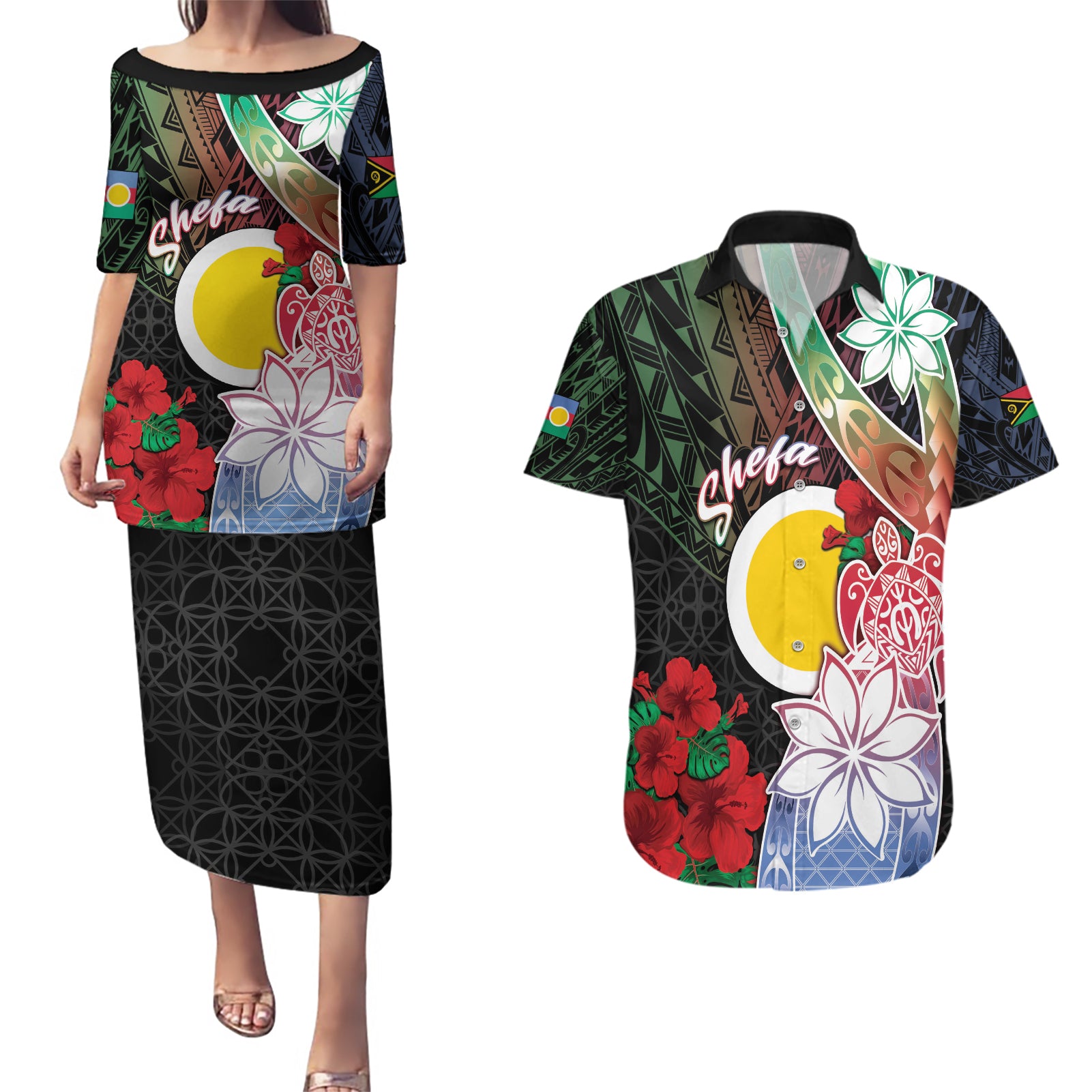 Personalised Vanuatu Shefa Day Couples Matching Puletasi and Hawaiian Shirt Floral Pattern