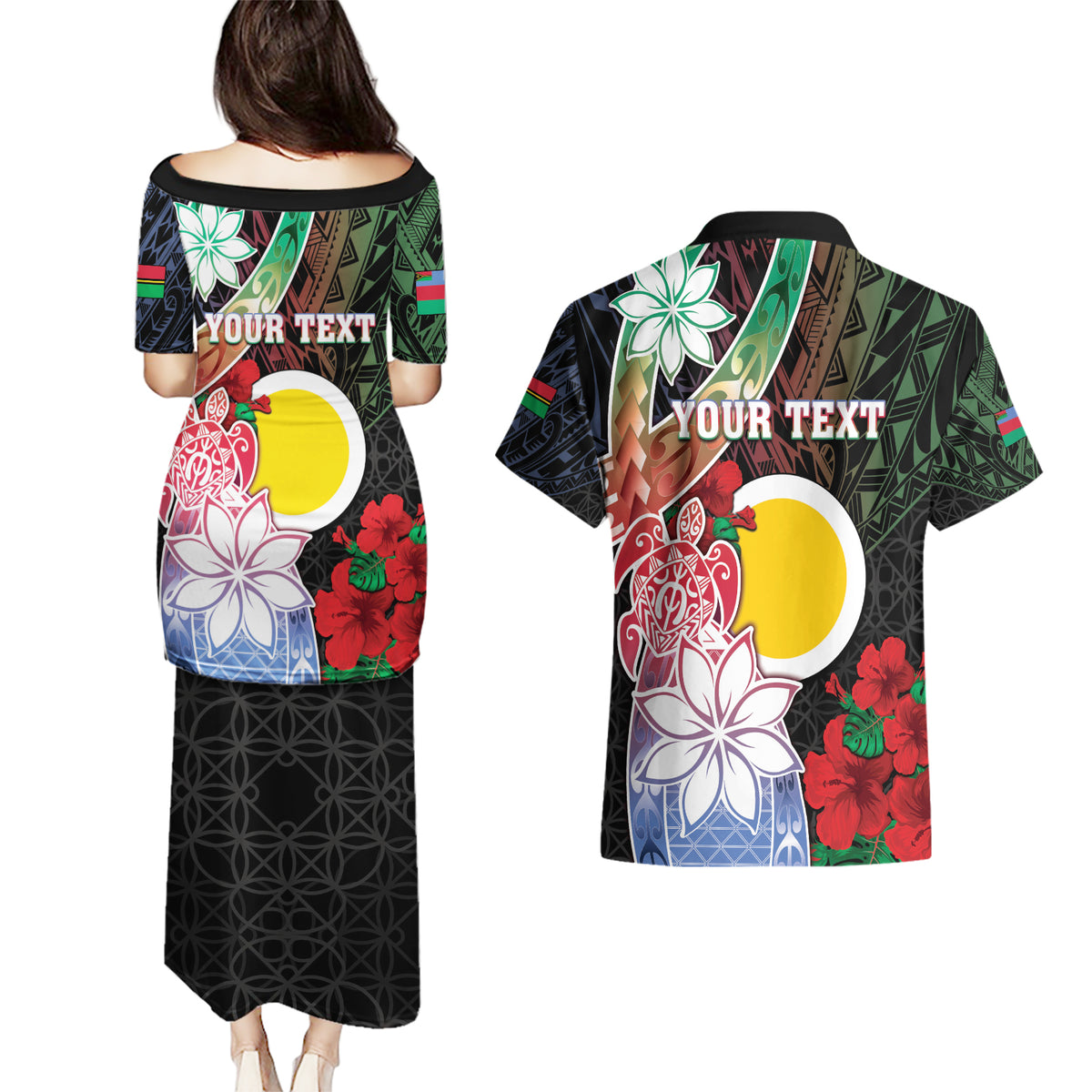 Personalised Vanuatu Shefa Day Couples Matching Puletasi and Hawaiian Shirt Floral Pattern