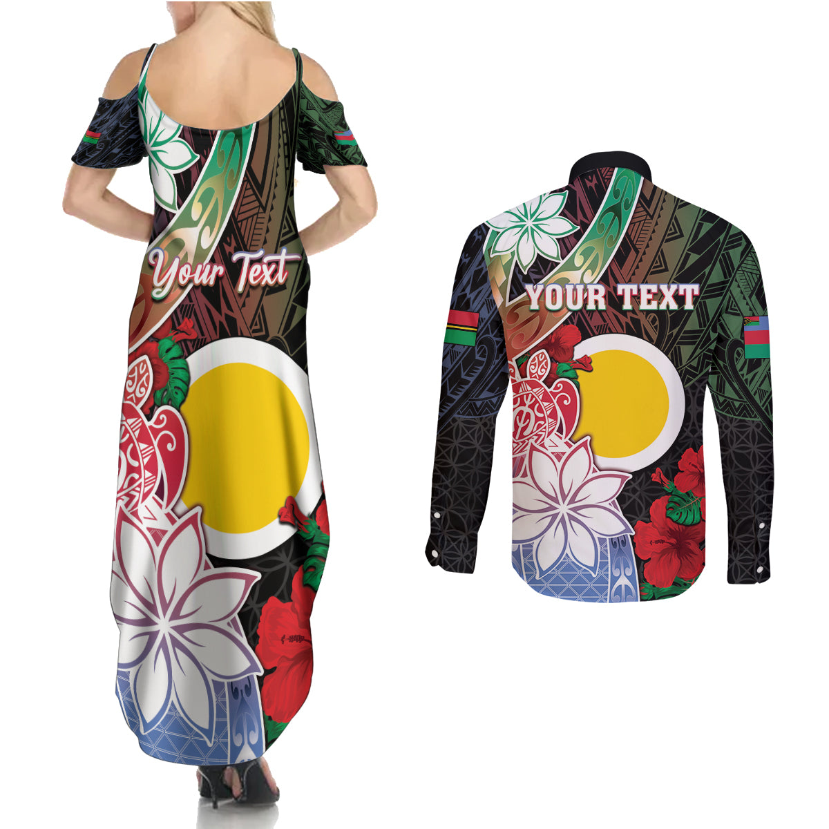 Personalised Vanuatu Shefa Day Couples Matching Summer Maxi Dress and Long Sleeve Button Shirt Floral Pattern