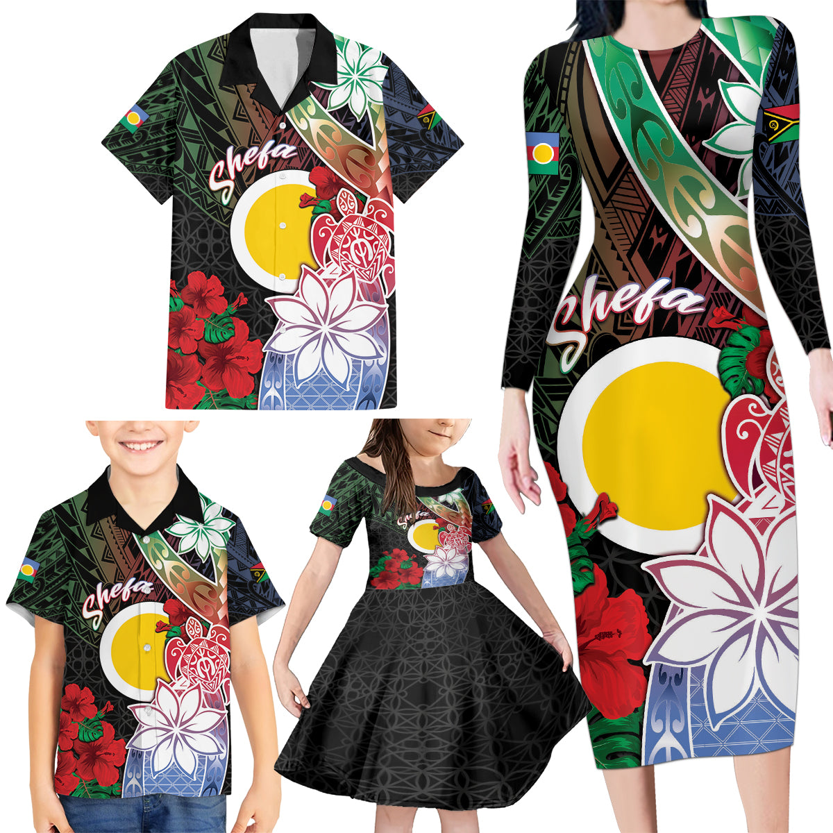 Personalised Vanuatu Shefa Day Family Matching Long Sleeve Bodycon Dress and Hawaiian Shirt Floral Pattern