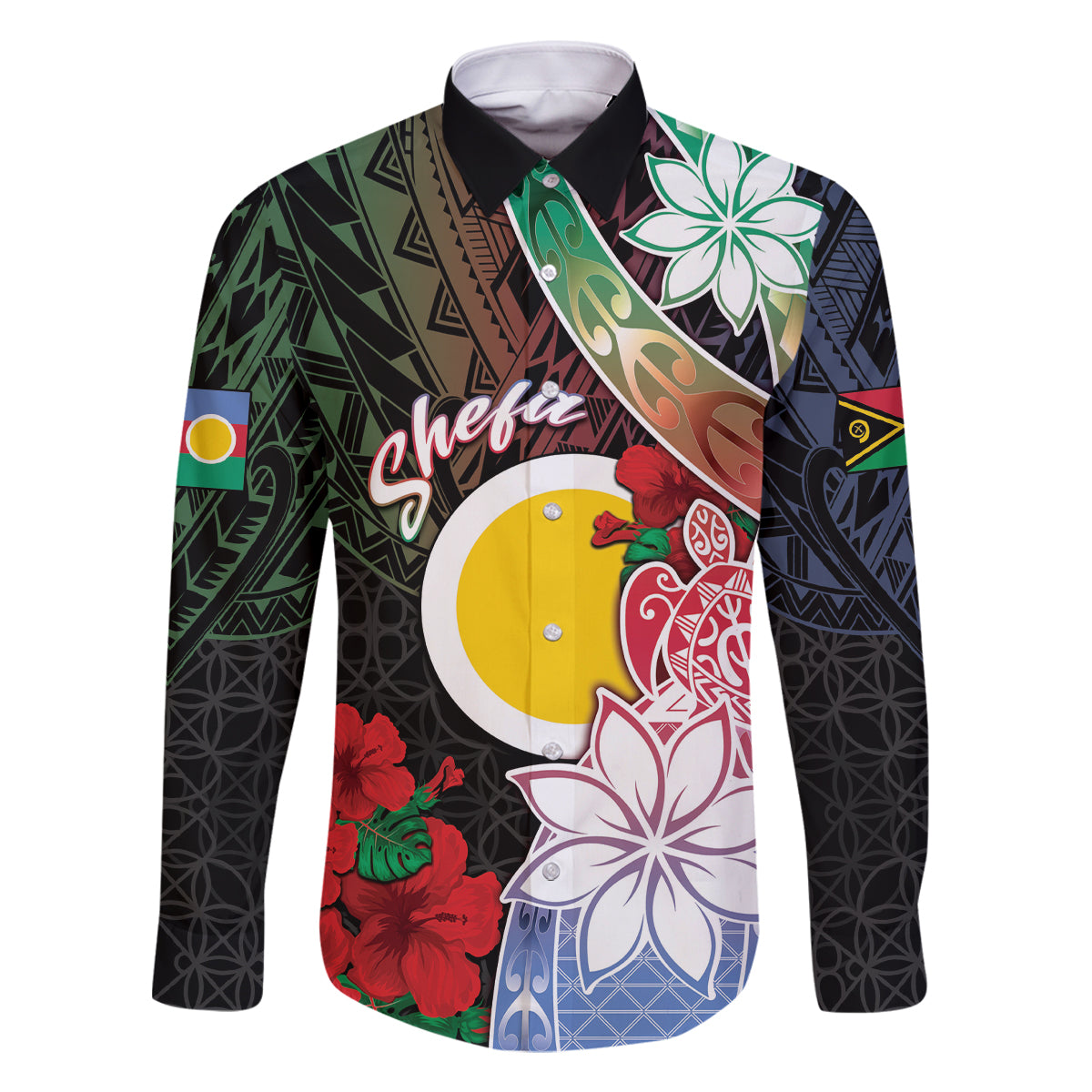 Personalised Vanuatu Shefa Day Family Matching Long Sleeve Bodycon Dress and Hawaiian Shirt Floral Pattern LT05 Dad's Shirt - Long Sleeve Black - Polynesian Pride