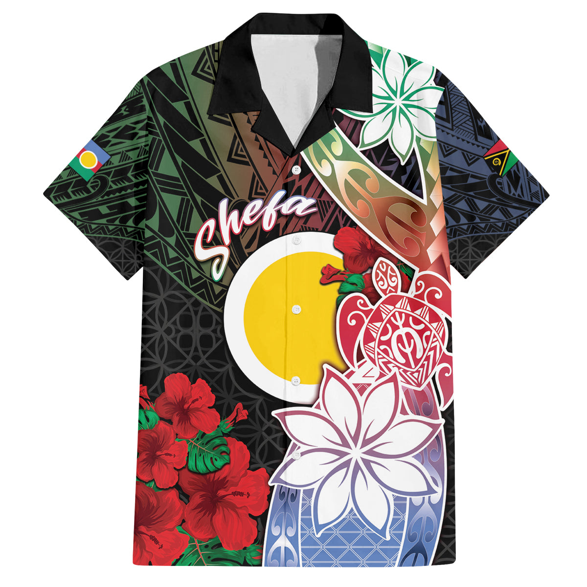 Personalised Vanuatu Shefa Day Family Matching Off The Shoulder Long Sleeve Dress and Hawaiian Shirt Floral Pattern LT05 Dad's Shirt - Short Sleeve Black - Polynesian Pride
