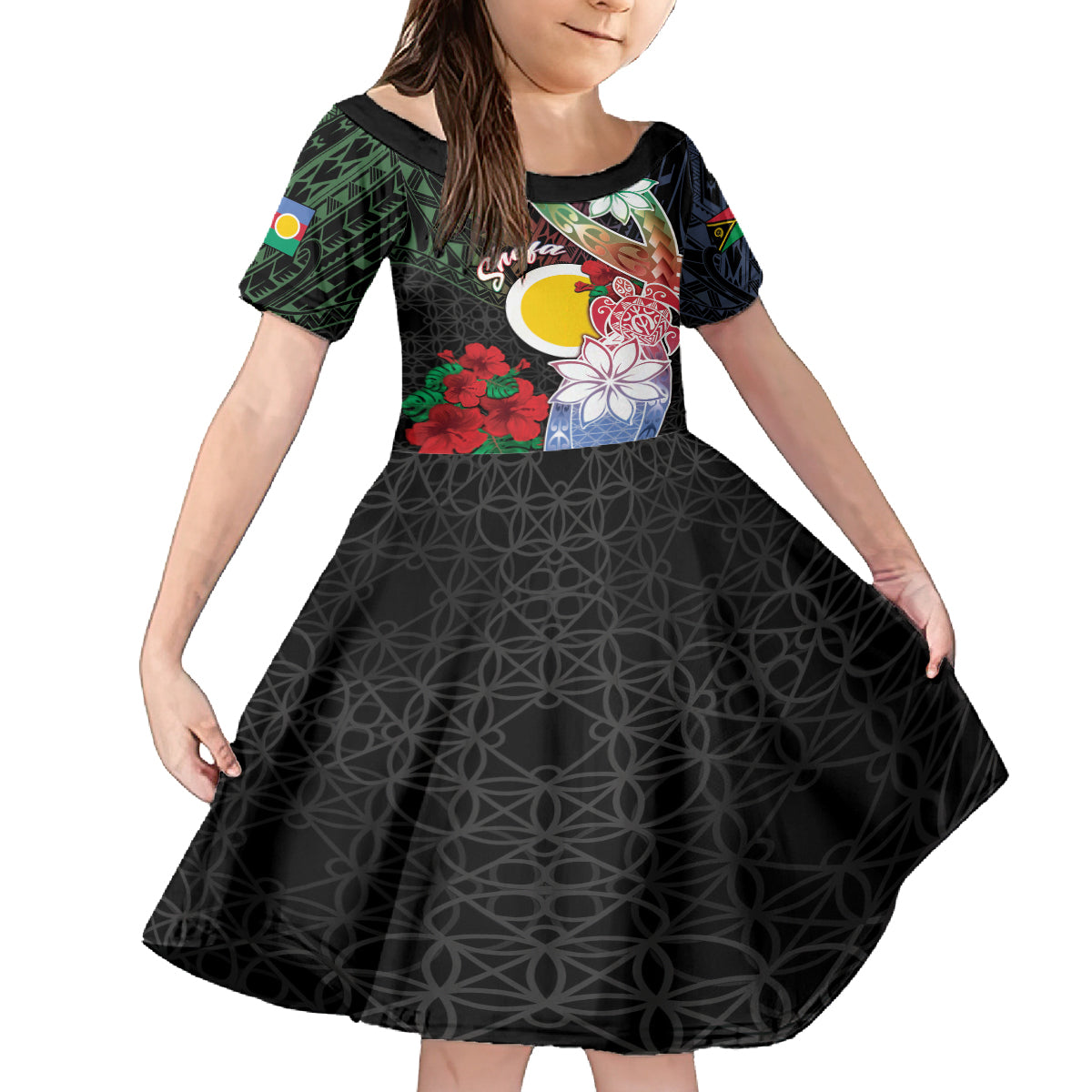 Personalised Vanuatu Shefa Day Family Matching Puletasi and Hawaiian Shirt Floral Pattern LT05 Daughter's Dress Black - Polynesian Pride