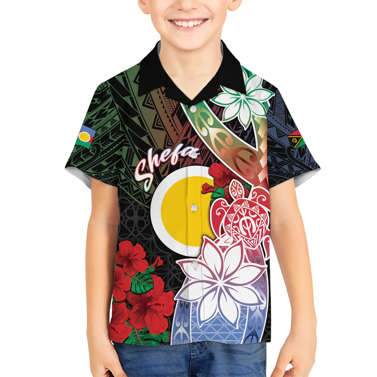 Personalised Vanuatu Shefa Day Family Matching Short Sleeve Bodycon Dress and Hawaiian Shirt Floral Pattern LT05 Son's Shirt Black - Polynesian Pride