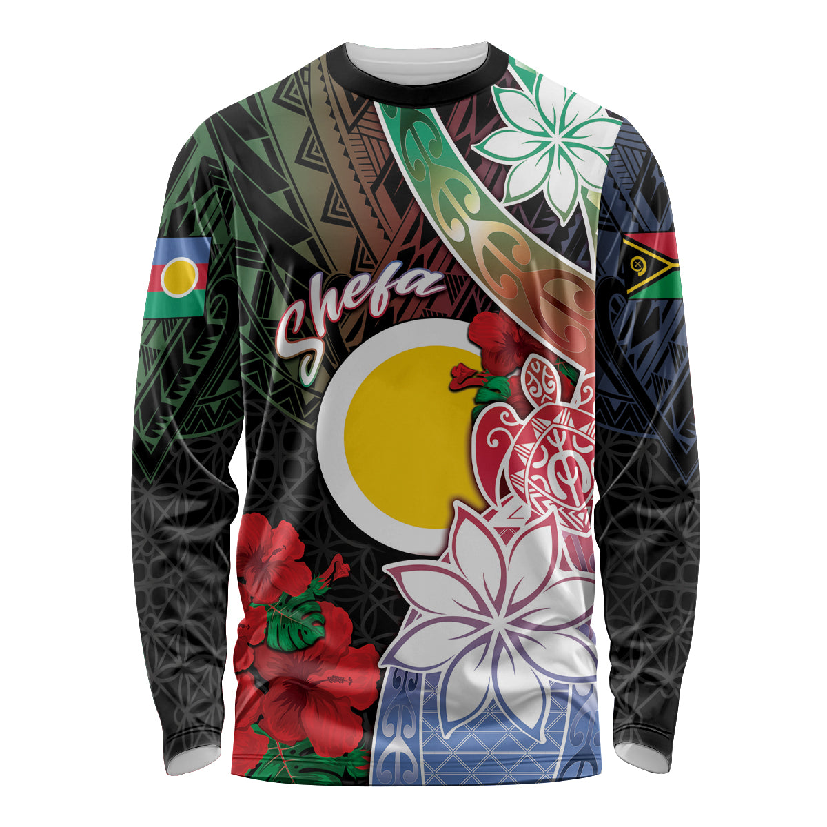 Personalised Vanuatu Shefa Day Long Sleeve Shirt Floral Pattern LT05 Unisex Black - Polynesian Pride