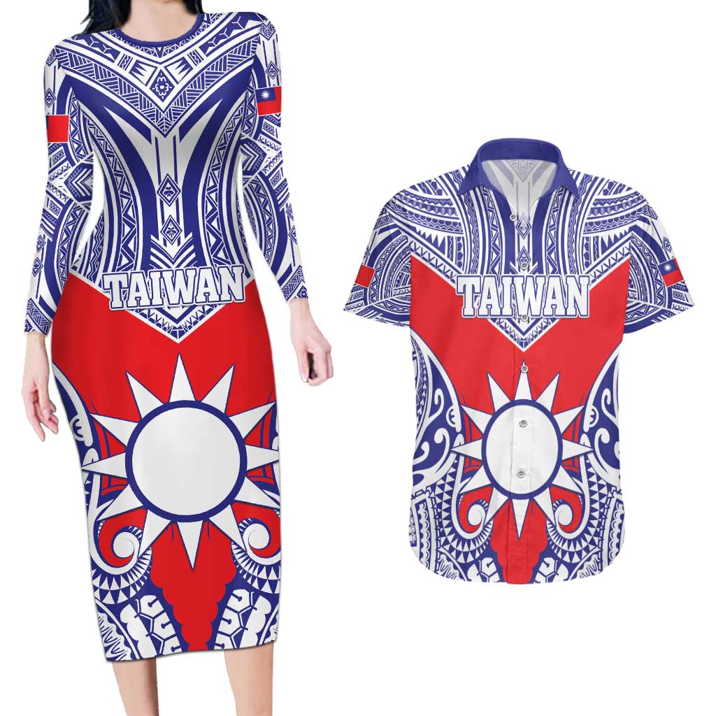 Personalised Taiwan Couples Matching Long Sleeve Bodycon Dress and Hawaiian Shirt Austronesian Tribal Tattoo Red - Polynesian Pride