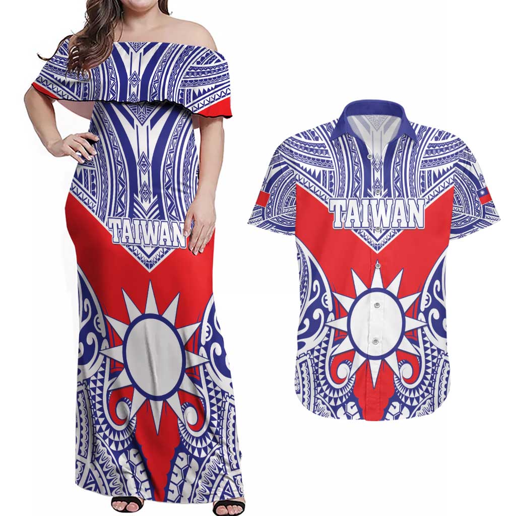Personalised Taiwan Couples Matching Off Shoulder Maxi Dress and Hawaiian Shirt Austronesian Tribal Tattoo Red - Polynesian Pride