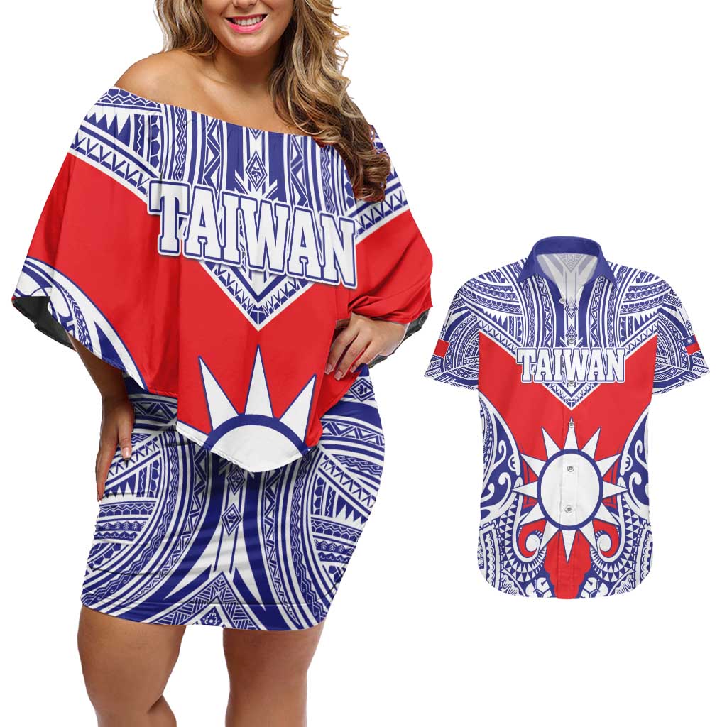 Personalised Taiwan Couples Matching Off Shoulder Short Dress and Hawaiian Shirt Austronesian Tribal Tattoo Red - Polynesian Pride
