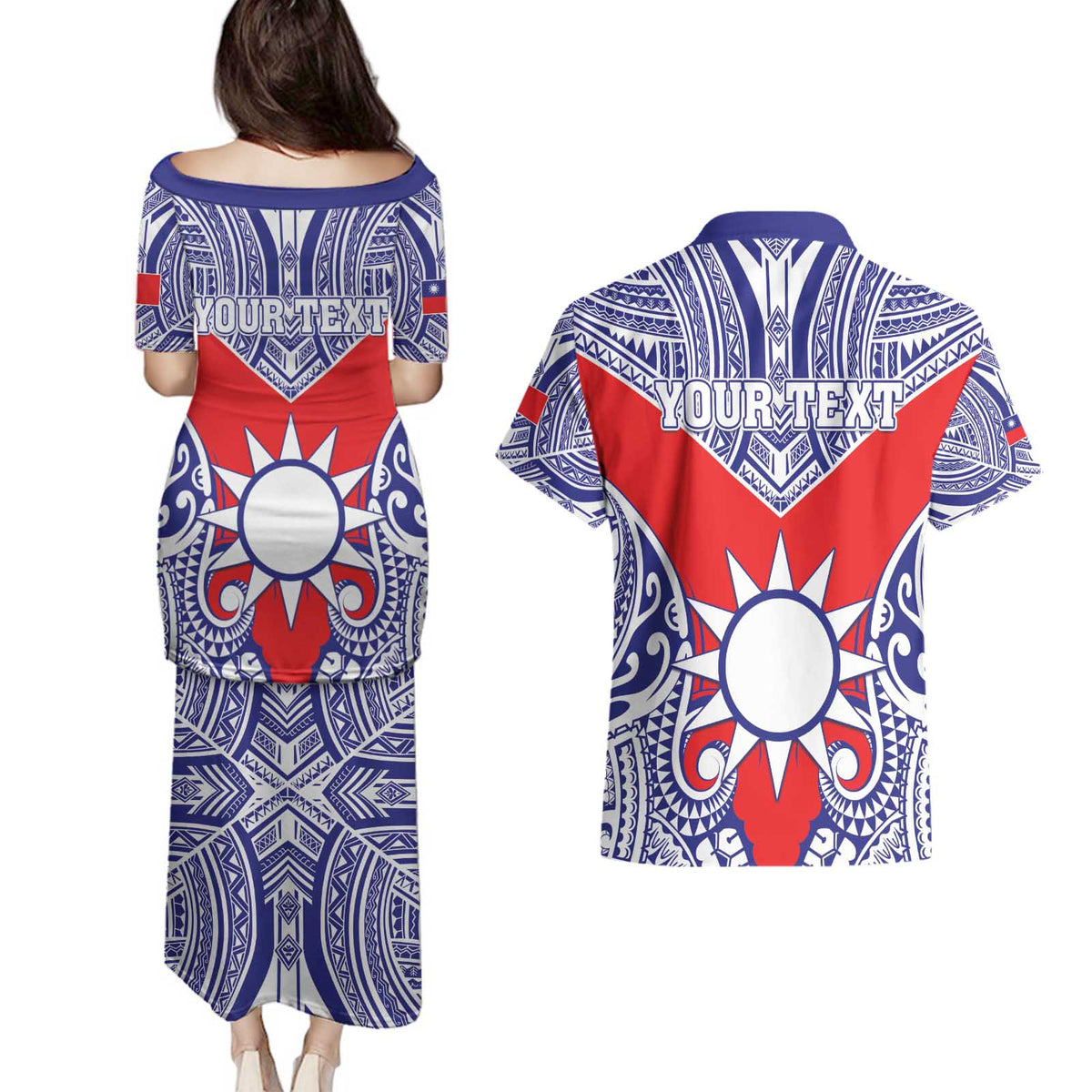 Personalised Taiwan Couples Matching Puletasi and Hawaiian Shirt Austronesian Tribal Tattoo Red - Polynesian Pride